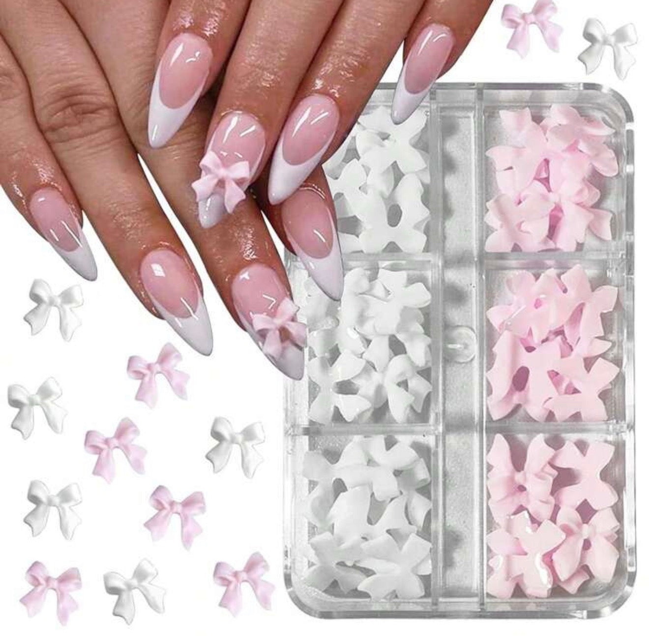 Kit moños blancos y rosas para uñas